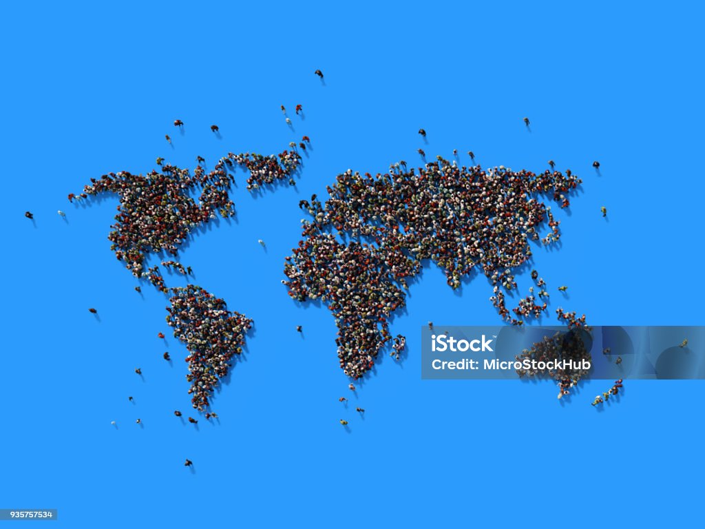 Menschliche Masse bilden eine Weltkarte: Bevölkerung und Social-Media-Konzept - Lizenzfrei Weltkarte Stock-Foto