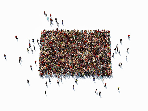 Human crowd forming a big rectangle symbol on white background. Horizontal  composition with copy space. Clipping path is included.
