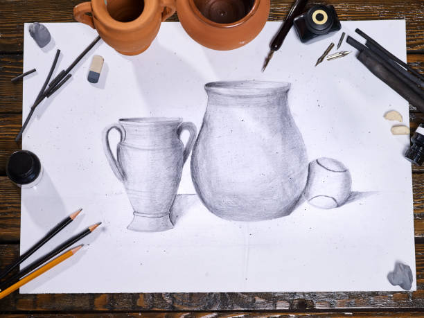 istock Authentic paint brushes still life on table in art class school. 935763222