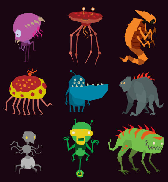 Vector aliens monsters set graphic mutant collection of colorful toy cute aliens monsters creature funny illustration tooth animal Halloween aliens monsters happy ugly set bacterium, virus predator Vector aliens monsters set graphic mutant collection of colorful toy cute aliens monsters creature funny illustration tooth animal Halloween aliens monsters happy ugly set bacterium, virus cool predator. devils backbone stock illustrations