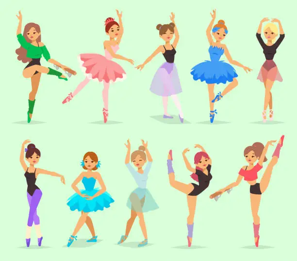 Vector illustration of Vector ballerina girl professional ballet dancer posing. Beautiful female young tutu ballerina gymnast woman ballerina dancers characters set performer beauty exercise