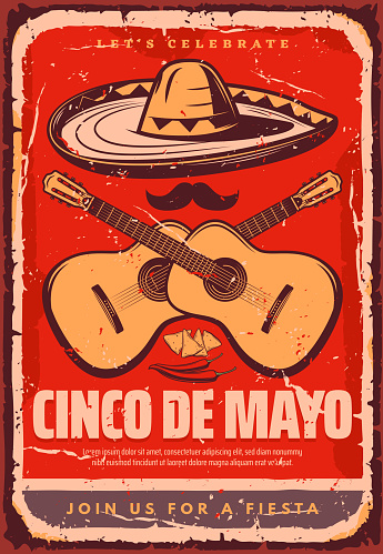 Cinco de Mayo Mexican holiday fiesta celebration retro poster for greeting card or party flyer. Vector jalapeno, guitar or sombrero and mustache for Mexican traditional Cinco de Mayo celebration