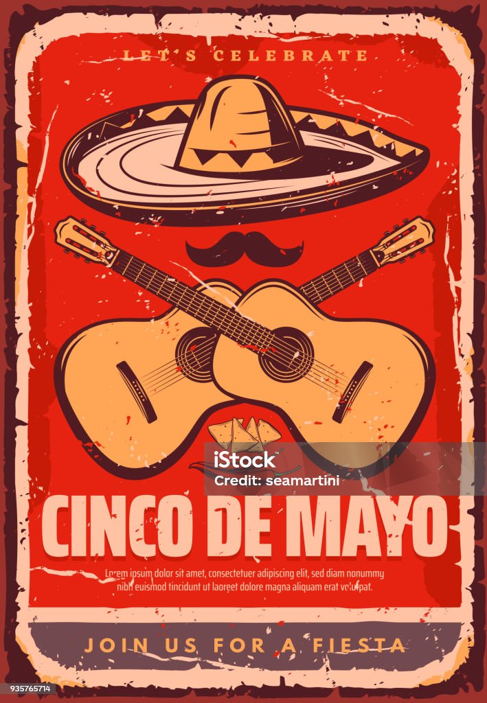 Cinco de Mayo Mexican vector sketch party poster Cinco de Mayo Mexican holiday fiesta celebration retro poster for greeting card or party flyer. Vector jalapeno, guitar or sombrero and mustache for Mexican traditional Cinco de Mayo celebration Mexico stock vector