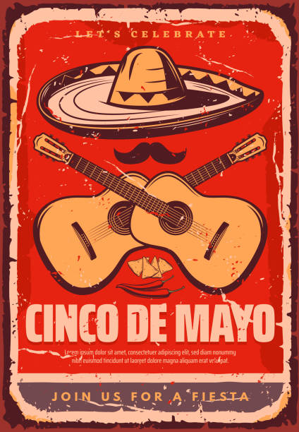 Cinco de Mayo Mexican vector sketch party poster Cinco de Mayo Mexican holiday fiesta celebration retro poster for greeting card or party flyer. Vector jalapeno, guitar or sombrero and mustache for Mexican traditional Cinco de Mayo celebration guitar borders stock illustrations