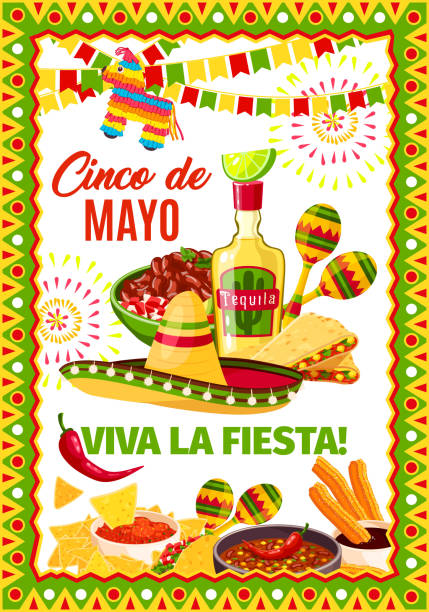 Cinco de Mayo Mexican vector fiesta greeting card Cinco de Mayo Mexican party or Mexico traditional holiday fiesta greeting card. Vector design of Mexico flags, jalapeno pepper or avocado and tacos, sombrero and maracas for Cinco de Mayo celebration chili pepper border stock illustrations