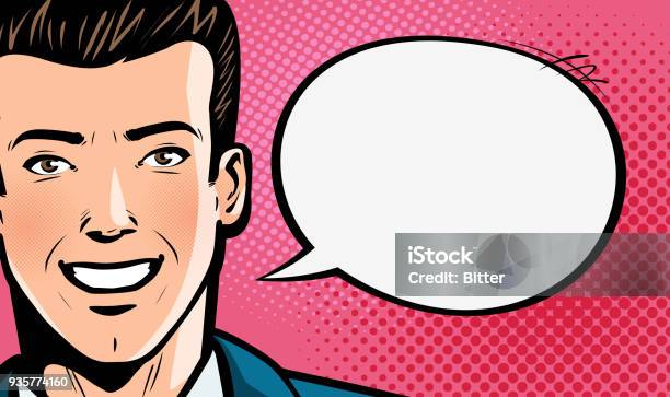 Happy Young Man In Business Suit Or Businessman Says Pop Art Retro Comic Style Cartoon Vector Illustration Stock Illustration - Download Image Now