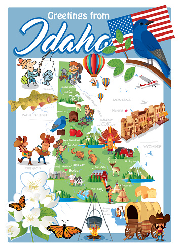 Cartoon map of IDAHO

I have used 
http://legacy.lib.utexas.edu/maps/us_2001/idaho_ref_2001.jpg
address as the reference to draw the basic map outlines with Illustrator CS5 software, other themes were created by 
myself.