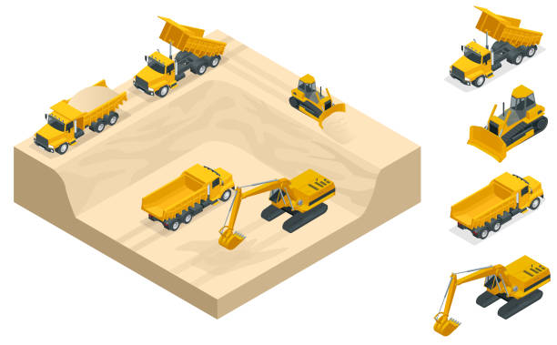 Isometric excavators and bulldozers dig a pit on the sand quarry. Excavators and bulldozers dig a pit on the sand quarry. A high-mining industry machinery technician involved in the extraction of sand. Isometric icon set vector graphic illustration cryptocurrency mining stock illustrations