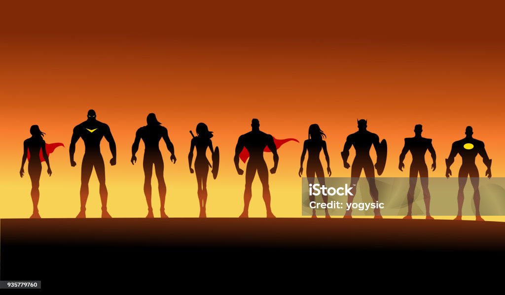 Vector Team of Superheroes Silhouette set A set of vector illustration of a team of superheroes in silhouette. Wide space available for your copy. Superhero stock vector