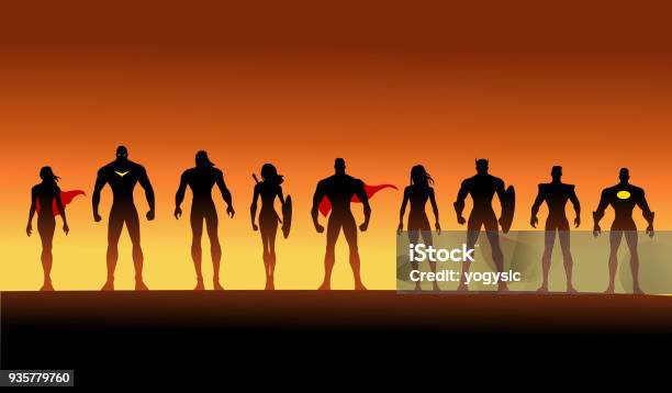 Vector Team Of Superheroes Silhouette Set Stock Illustration - Download Image Now - Superhero, Teamwork, Shield