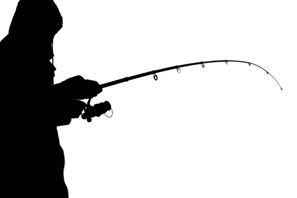 Silhouette of a fisherman on white background. Fishing with a spinning rod