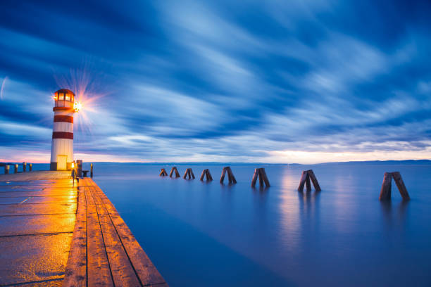 Lighthouse at Lake Neusiedl (Podersdorf am See) at sunset, Burgenland, Austria