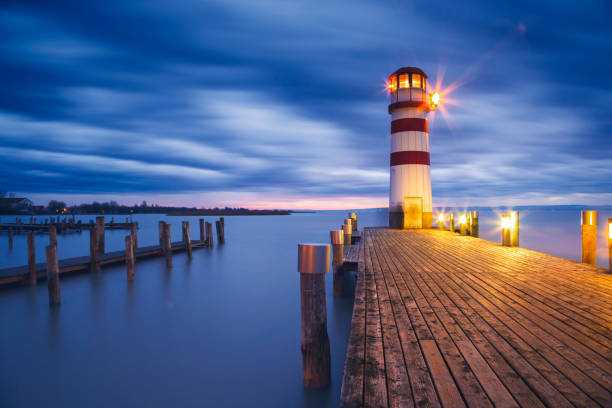 Lighthouse at Lake Neusiedl (Podersdorf am See) at sunset, Burgenland, Austria