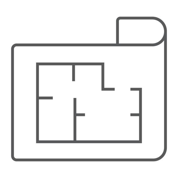 얇은 선 아이콘 하우스 계획, 부동산 고 집, 건축 청사진 기호 벡터 그래픽, 흰색 배경, eps 10에 선형 패턴. - plan house home interior planning stock illustrations