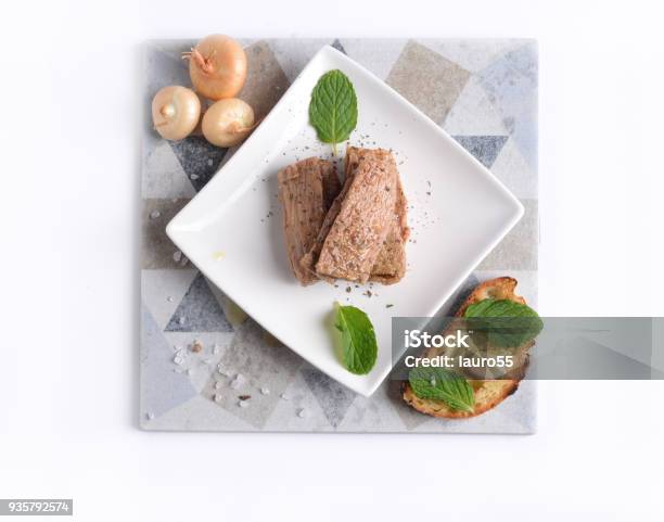 Saucer With Pieces Of Tuna In Oil Stock Photo - Download Image Now - Bluefin Tuna, Bruschetta, Can