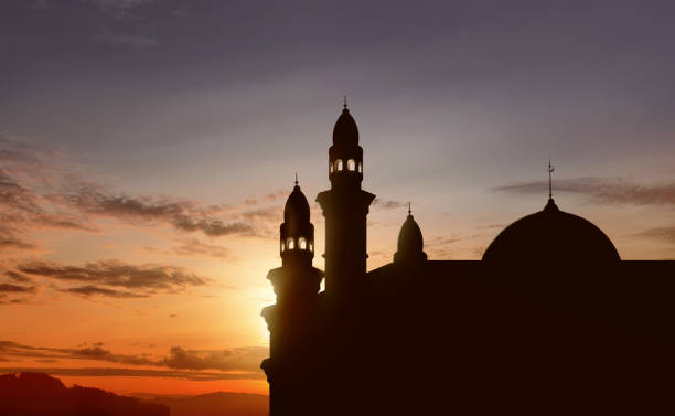 Silhouette of big mosque with high minaret Silhouette of big mosque with high minaret at sunset mosque photos stock pictures, royalty-free photos & images