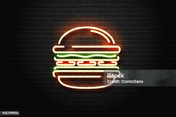 Vector Réaliste Isolé Au Néon Du Logo Burger Pour La Décoration Et La Couverture Sur Le Fond Du Mur Concept De Restauration Rapide Café Et Restaurant Vecteurs libres de droits et plus d'images vectorielles de Burger