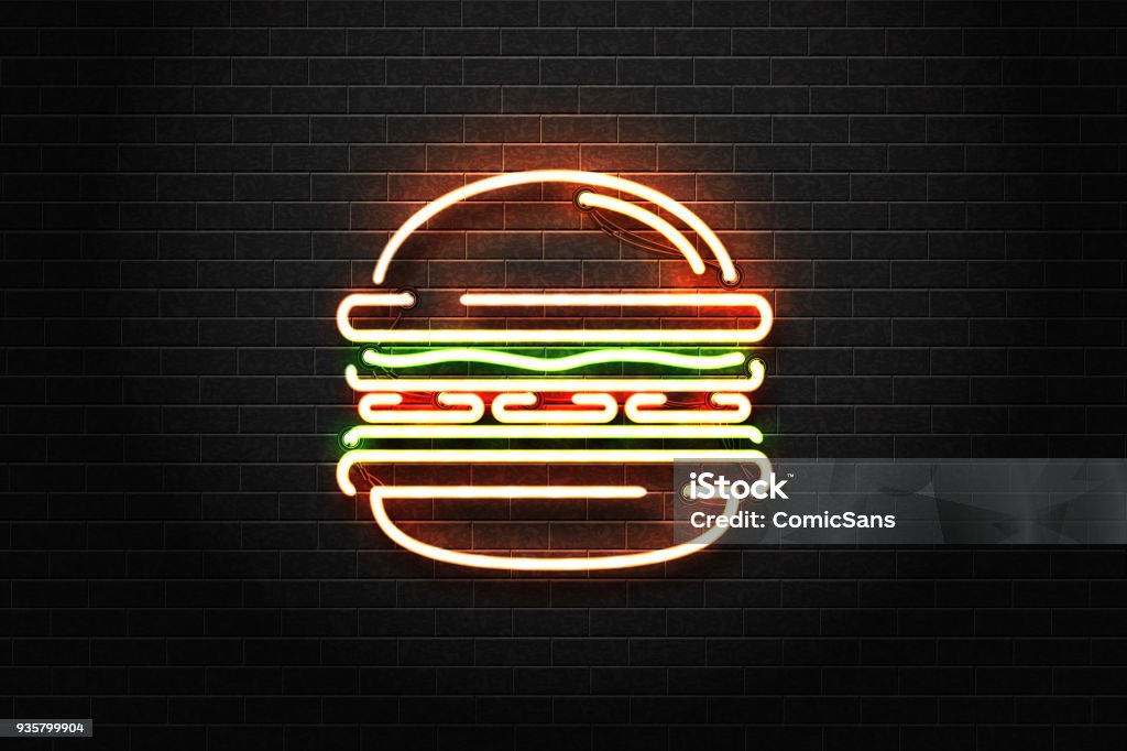 Vector realistic isolated neon sign of burger logo for decoration and covering on the wall background. Concept of fast food, cafe and restaurant. Burger stock vector