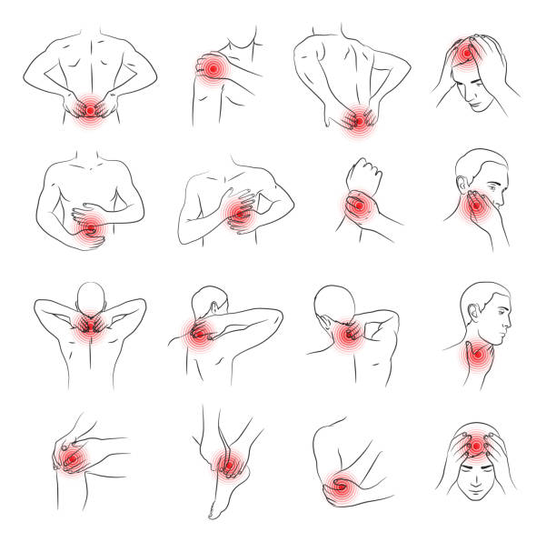 zestaw wektorów bólowych, części ciała człowieka - pain stock illustrations