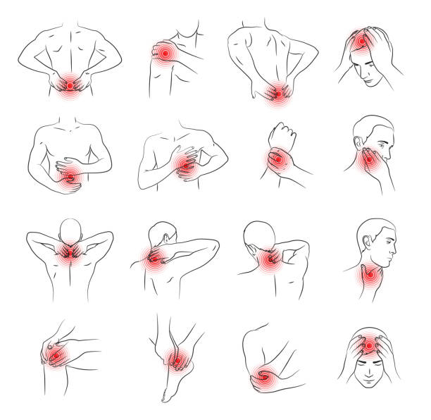 pain vector set, man body parts pain vector set, man body parts symbols muscular build illustrations stock illustrations