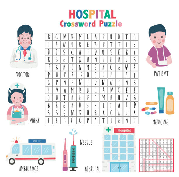 Hospital Puzzle Crossword game about hospital for kids, word search puzzle with vocabulary and the answer, doodle cartoon flat style, illustration, vector crossword puzzle drawing stock illustrations