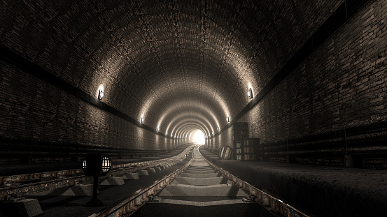 realistic old subway metro tunnel and light at end of tunnel,3D render.