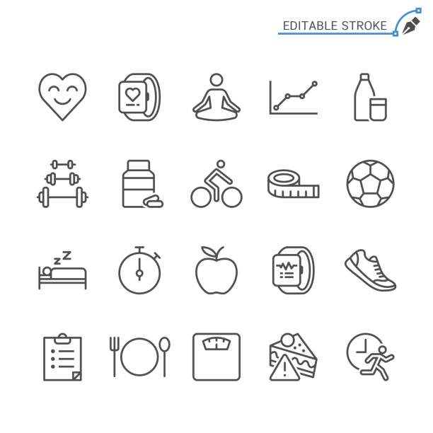 ilustraciones, imágenes clip art, dibujos animados e iconos de stock de iconos de la línea profesional de la salud. movimiento editable. pixel perfecto. - healthy eating symbol dieting computer icon