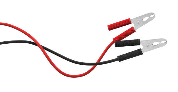 renderowanie 3d dwóch zestawów czerwonych i czarnych zacisków akumulatorów samochodowych podłączonych do kabla - lead black cable clamp zdjęcia i obrazy z banku zdjęć
