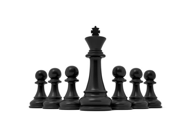 チェスの駒は、黒のポーンの中で中心に立つ分離黒王の 3 d レンダリング - chess king chess chess piece black ストックフォトと画像