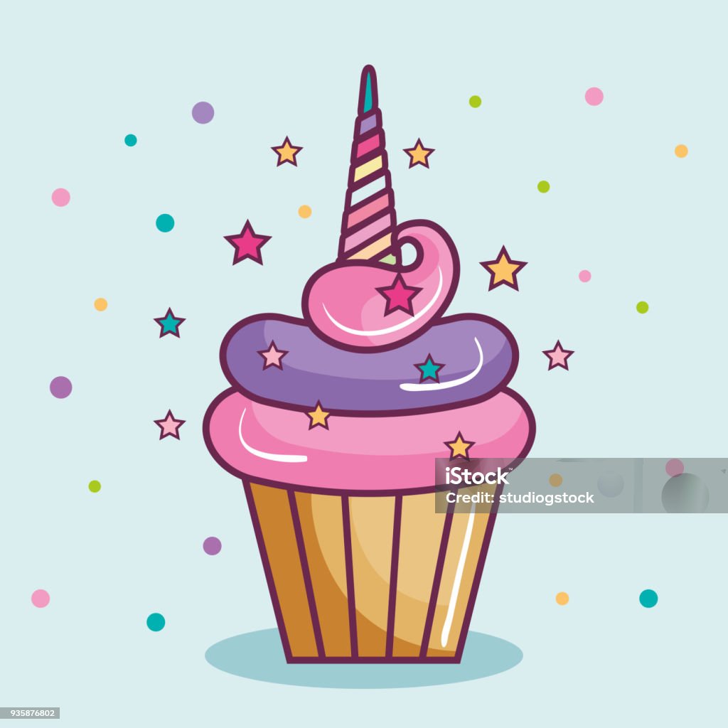 Unicorn cupcake design Colorful cupcake with horn over light blue background. Vector illustration. Cupcake stock vector
