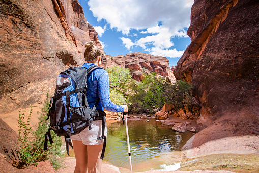 Rear view of a Woman hiking to a waterfall in a red rock canyon. She is experiencing desert beauty in the United States. Looking down at this natural water slide in a slot canyon