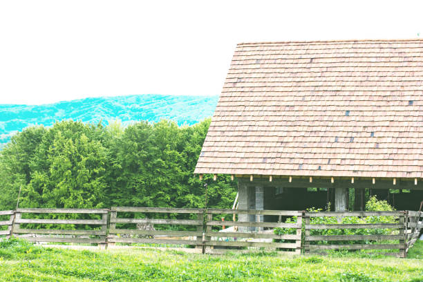 Barn, house for animals, barn against the backdrop of mountains.