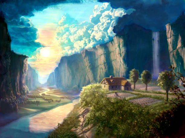 istock digital illustration of dreamland beautiful landscape environment with hut cottage 935921638