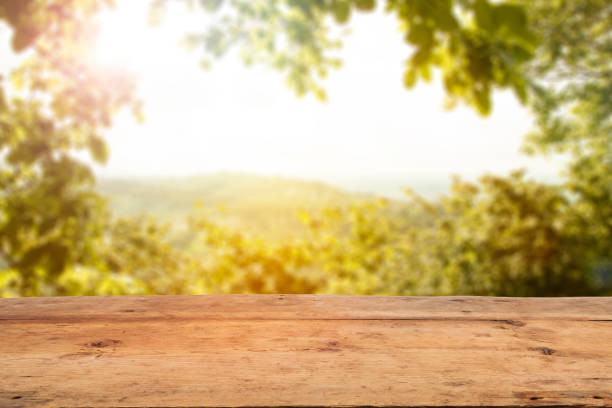 istock Empty Wooden Table Planks, Green Blurred Trees Background 935930078