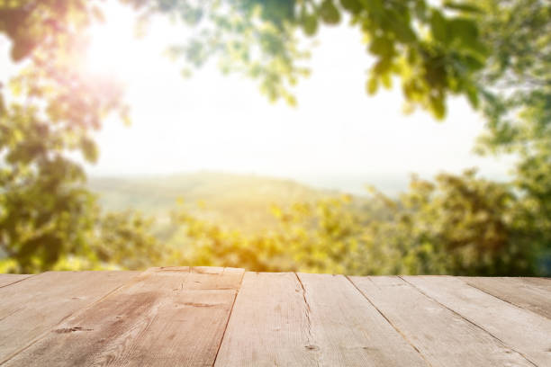 Empty Wooden Table Planks, Green Blurred Trees Background