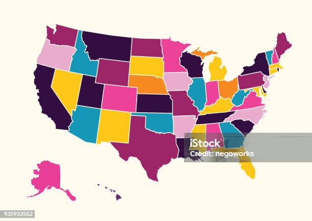 빈티지 다채로운 미국 상태 아메리카 지도입니다 미국에 대한 스톡 벡터 아트 및 기타 이미지 - 미국, 지도, 다중 색상