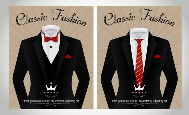 Vector illustration of Black Business suit template with a red tie and white shirt banner