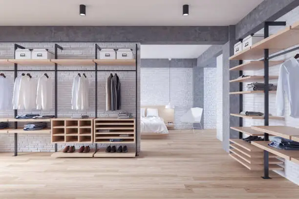 Modern loft dressing room and bedroom  interior concept, walk- in closet,wood wardrobe on white brick wall and woodfloor,3d rendering