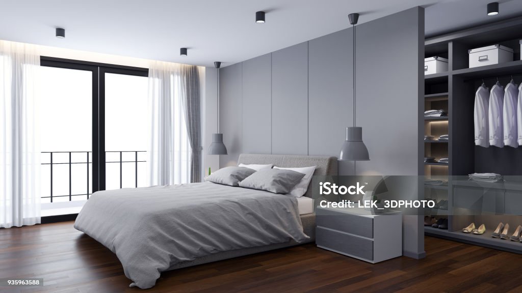 Modernos dormitorios y vestidor habitación interior, concepto gris, render 3d - Foto de stock de Dormitorio - Habitación libre de derechos