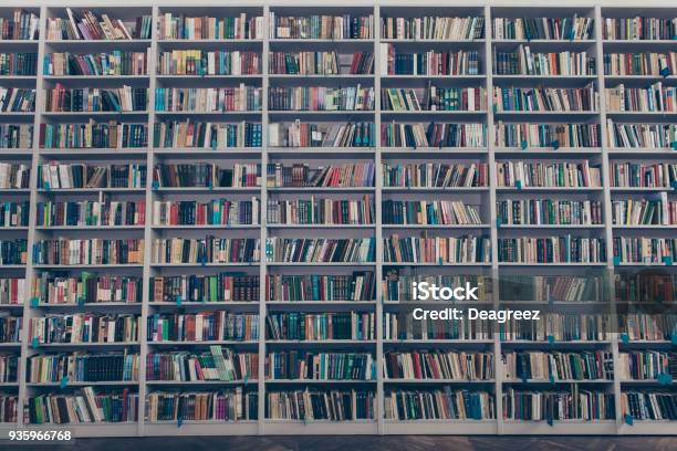 Ancient Library Interior Design With Massive Wooden Grey Book Shelves Full Of Colorful Literature Tomes Publications And Wooden Floor Stock Photo - Download Image Now