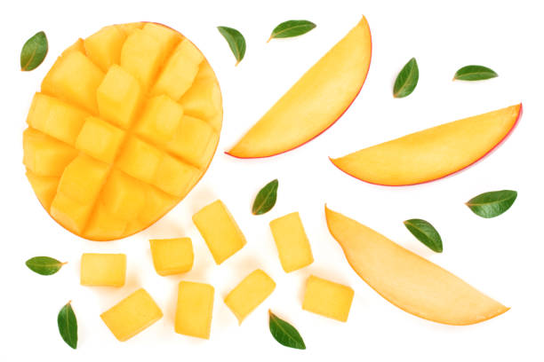 istock half of Mango fruit decorated with leaves isolated on white background close-up. Top view. Flat lay 935966936