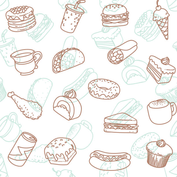 yiyecek ve içecek çizgi sanat simge sorunsuz duvar kağıdı deseni - atıştırmalıklar illüstrasyonlar stock illustrations