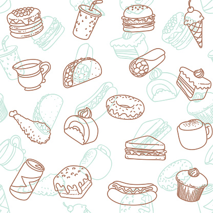 Simple food & drink line art icon seamless wallpaper pattern.