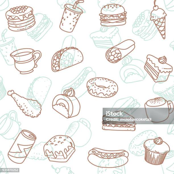 Food Drink Line Art Icon Seamless Wallpaper Pattern Stock Illustration - Download Image Now