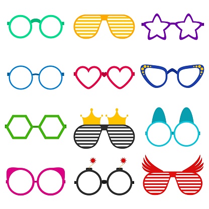 Vector party sunglasses or eyeglasses set in funny shape. Accessories for hipsters fashion optical spectacles eyesight view. Colorful sunglasses icon set in flat style isolated on white background.