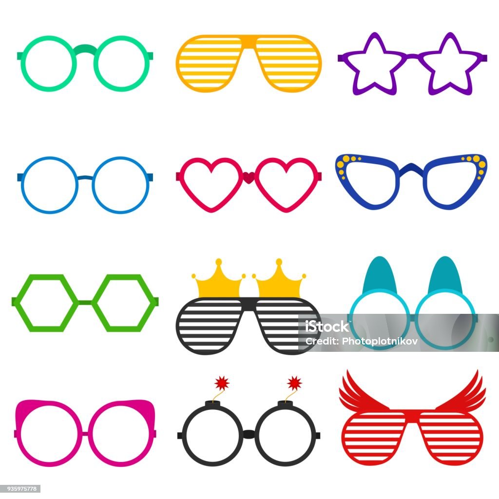 Vector Party Sunglasses Or Eyeglasses Set In Funny Shape Accessories For  Hipsters Fashion Optical Spectacles Eyesight View Colorful Sunglasses Icon  Set In Flat Style Isolated On White Background Stock Illustration - Download