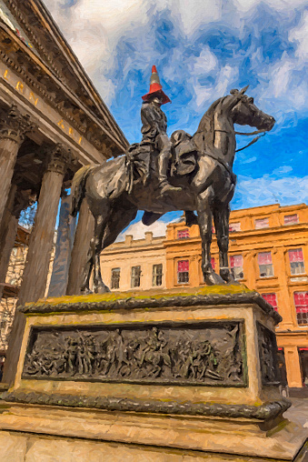 Digital painting of the statue of Duke of Wellington, riding a horse, wearing a traffic cone on his head. In front of Gallery of Modern Art, Royal Exchange Square, Glasgow, Scotland.