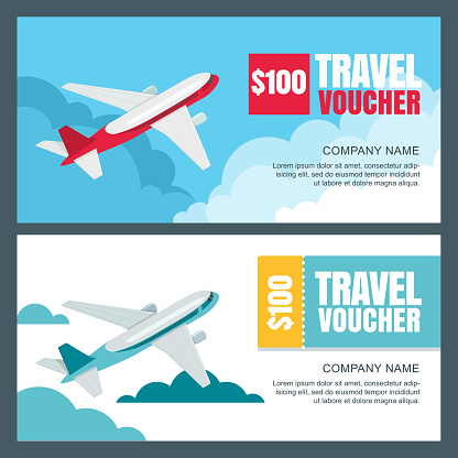 Vector gift travel voucher template. 3d isometric illustration of flying airplane. Concept for summer vacation, travel agency and sale ticket. Banner, coupon, certificate, flyer, ticket layout