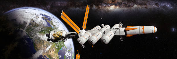 istock futuristic space ship in orbit of planet Earth, planetary mission start 935983810