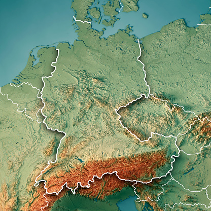 3D Render of a Topographic Map of the economic region D-A-CH, consisting of the Countries of Germany, Austria and Switzerland.\nAll source data is in the public domain.\nColor texture: Made with Natural Earth. \nhttp://www.naturalearthdata.com/downloads/10m-raster-data/10m-cross-blend-hypso/\nBoundaries Level 0: Humanitarian Information Unit HIU, U.S. Department of State (database: LSIB)\nhttp://geonode.state.gov/layers/geonode%3ALSIB7a_Gen\nRelief texture and Rivers: SRTM data courtesy of USGS. URL of source image: \nhttps://e4ftl01.cr.usgs.gov//MODV6_Dal_D/SRTM/SRTMGL1.003/2000.02.11/\nWater texture: SRTM Water Body SWDB:\nhttps://dds.cr.usgs.gov/srtm/version2_1/SWBD/